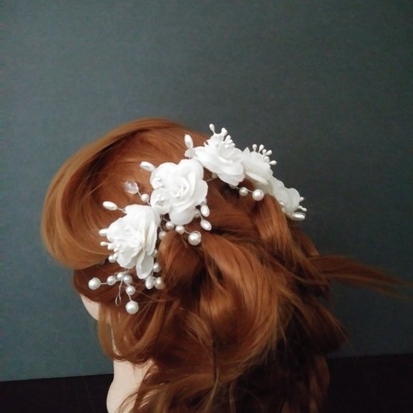 Flower and Crystal Pearl Bridal Crown / Floral Wedding Hair main image 7